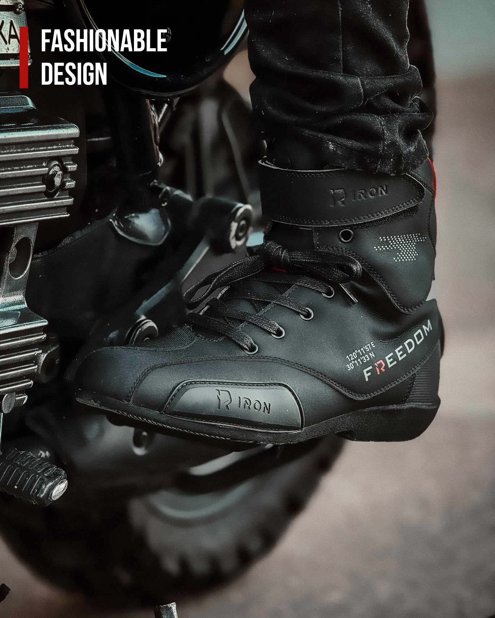 RideIron motorcycle shoes breathable materials close-up for all-day comfort