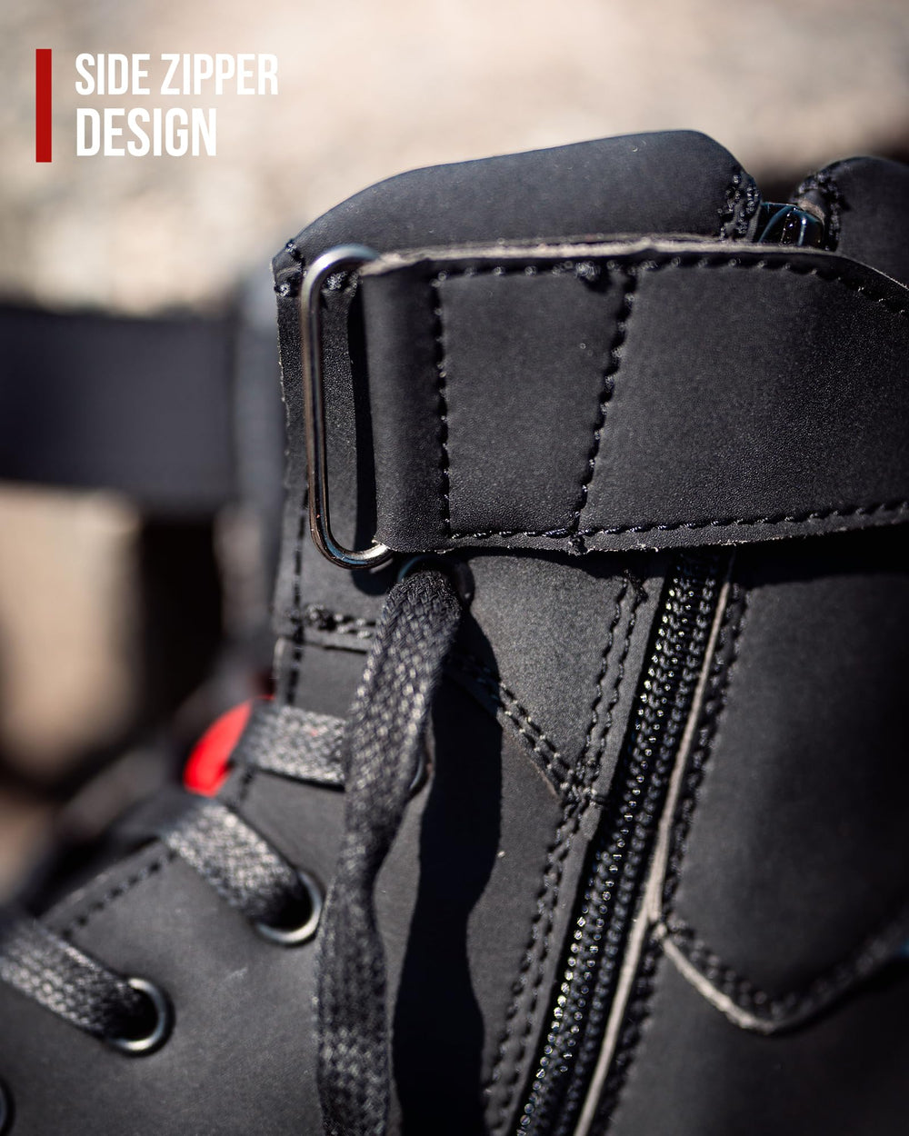 RideIron motorcycle shoes high-top zipper close-up for secure fit