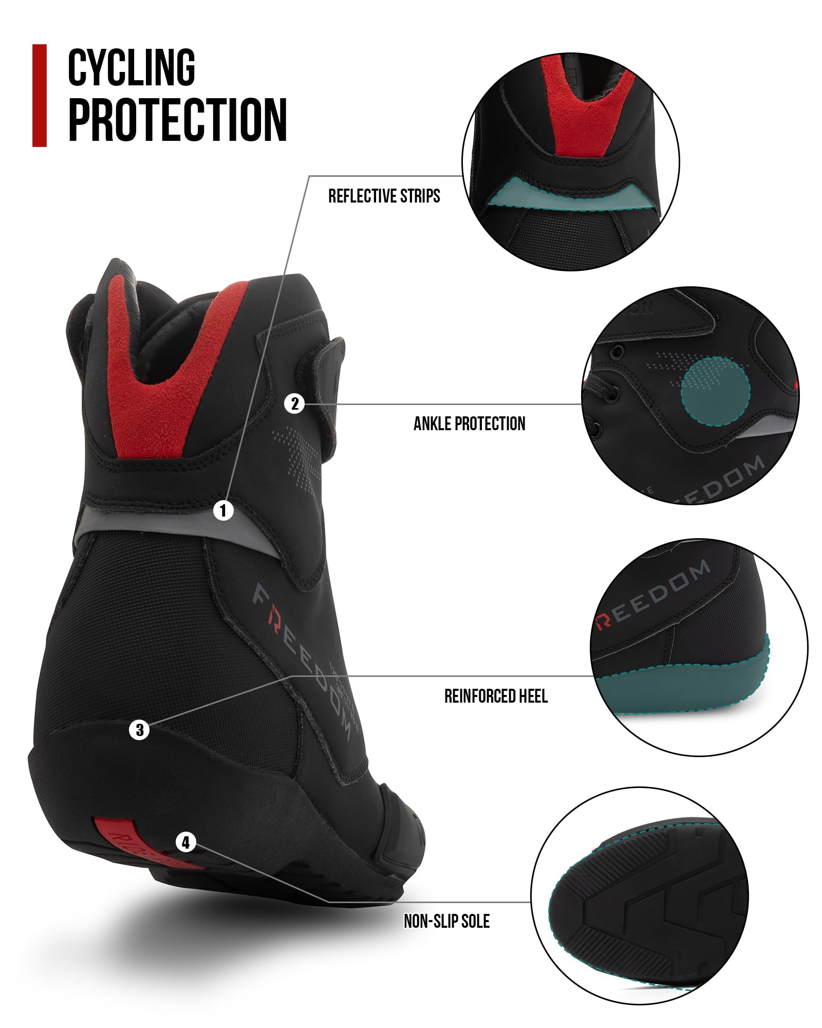 RideIron motorcycle shoes reflective details close-up for night visibility