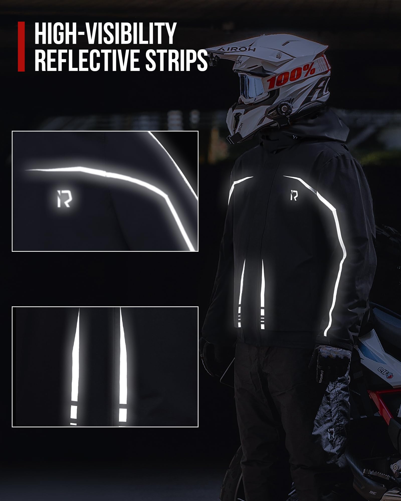 RideIron rain suit 3D pockets jacket offer secure on-the-go storage.