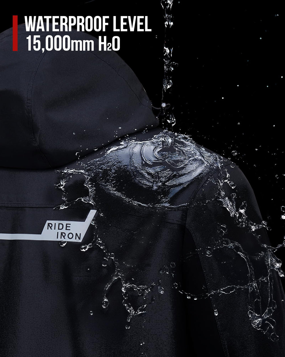 RIDEIRON Rain Suit back view showing reinforced seams and wind protection.