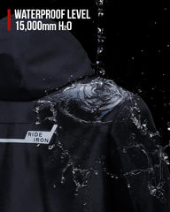 RIDEIRON Rain Suit back view showing reinforced seams and wind protection.