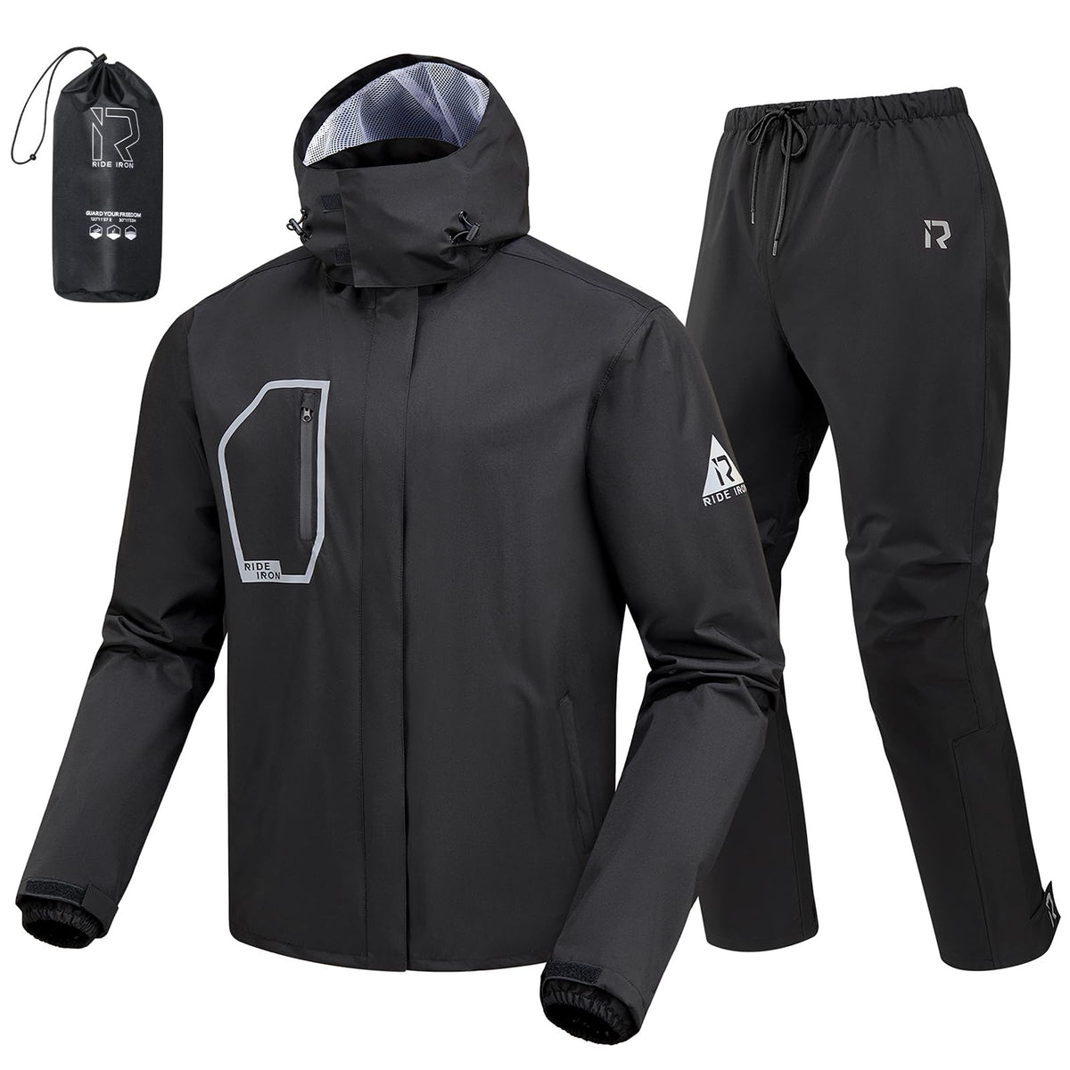 RIDEIRON Rain Suit front view with 360° reflective visibility for safer night riding.