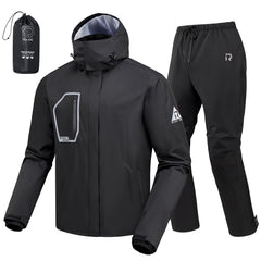 RIDEIRON Rain Suit front view with 360° reflective visibility for safer night riding.