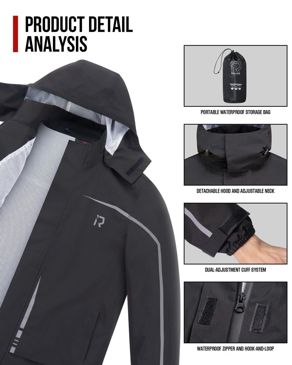 RideIron rain suit reflective strips pants enhance night riding safety.