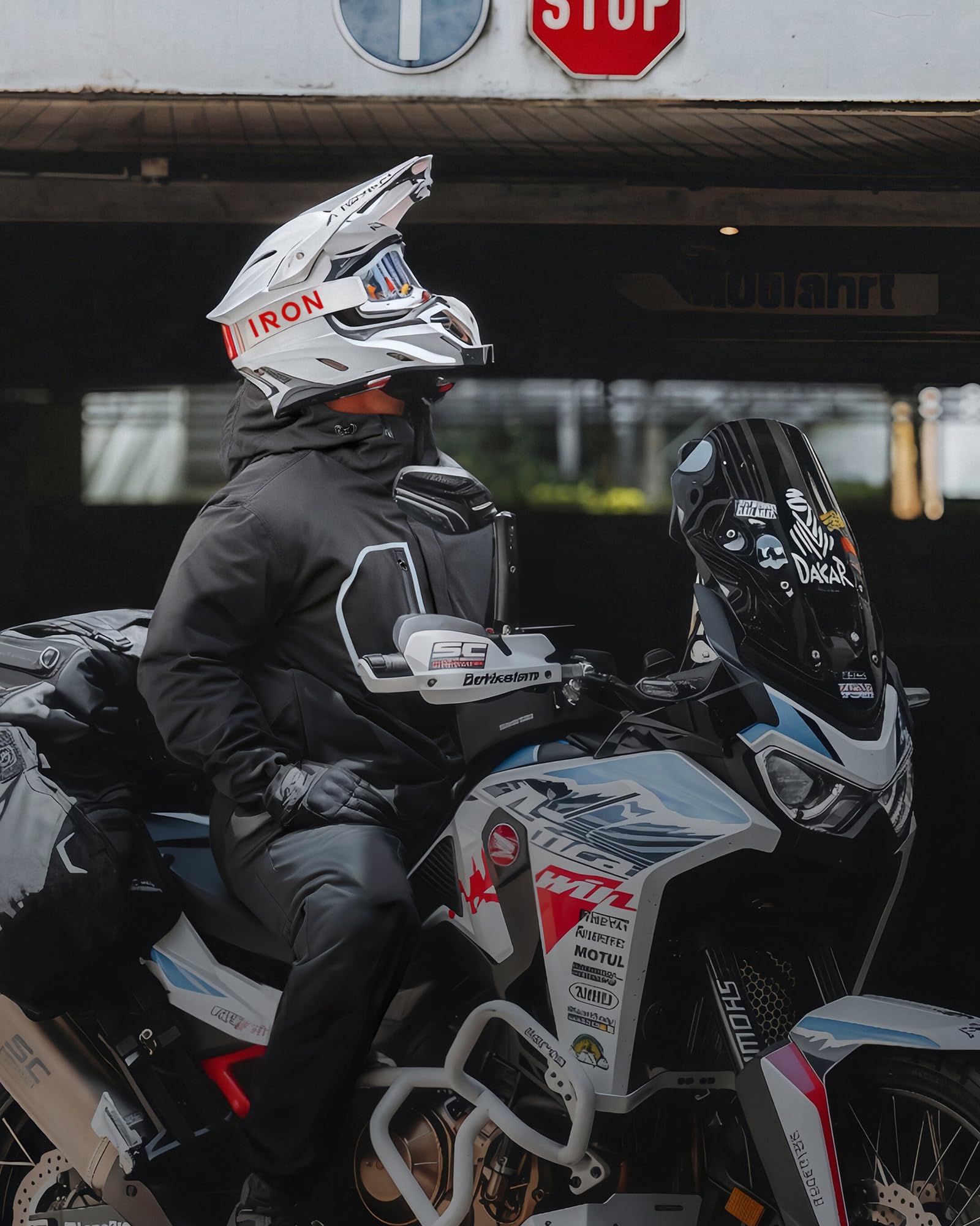 RIDEIRON Rain Suit zippered pant legs over boots for easy on/off.