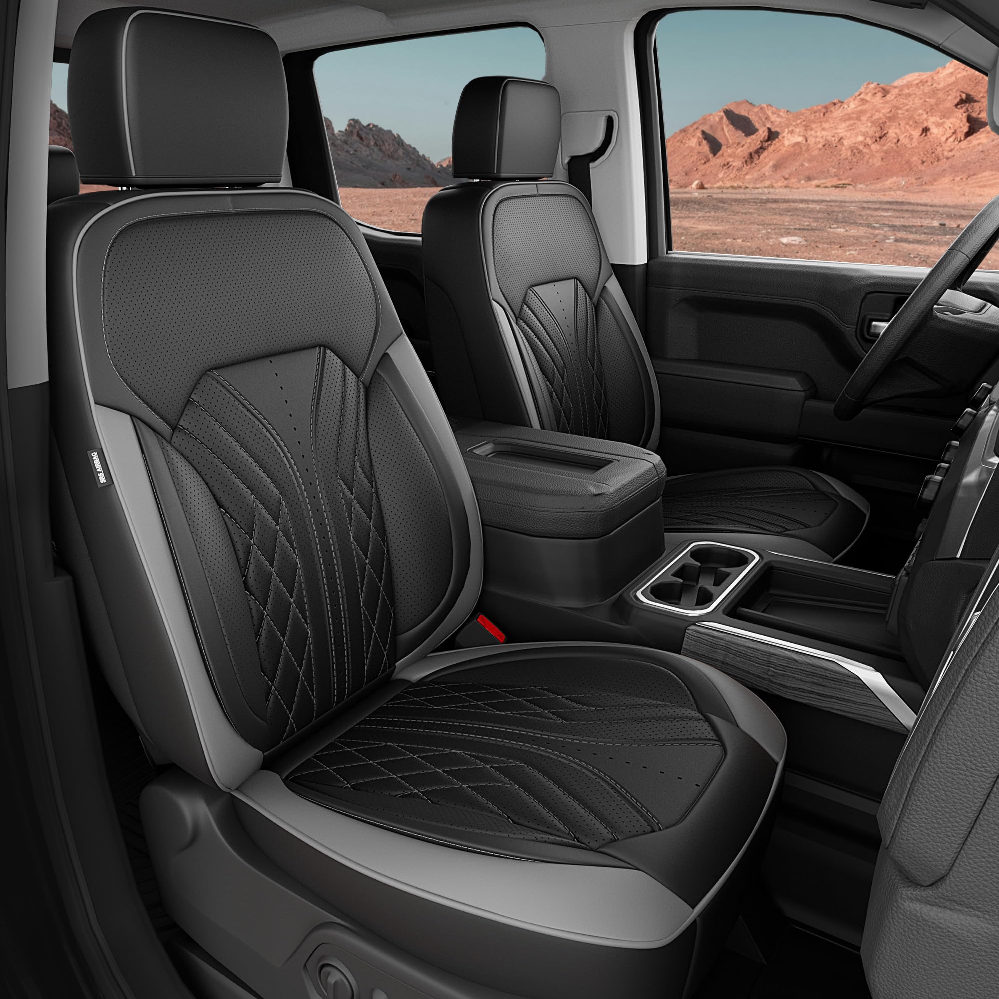 RIDEPOSH Chevy Silverado front seat cover showing waterproof protection for spills