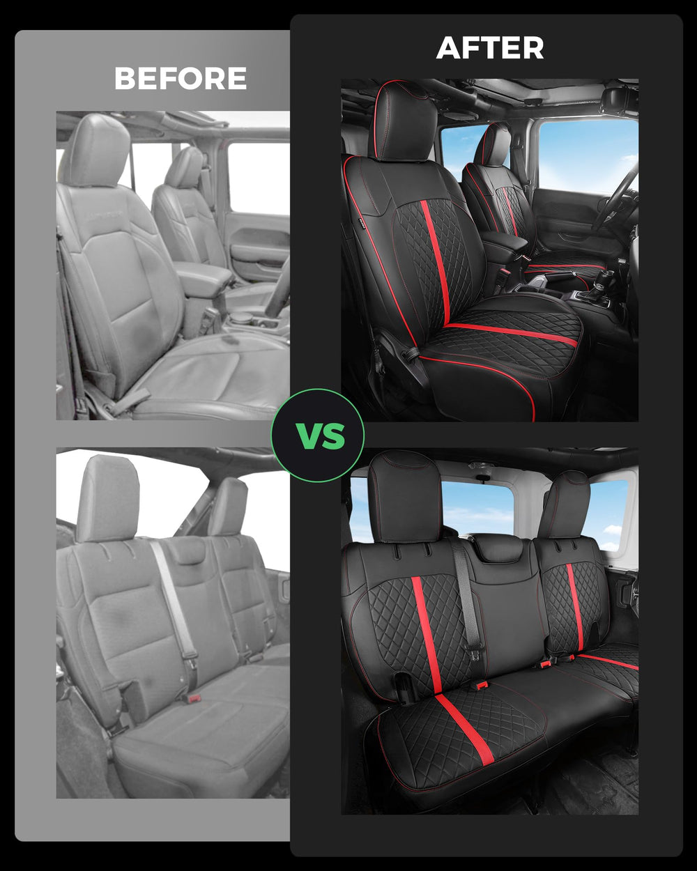 RIDEPOSH black and red trim detail enhances interior style while protecting seats
