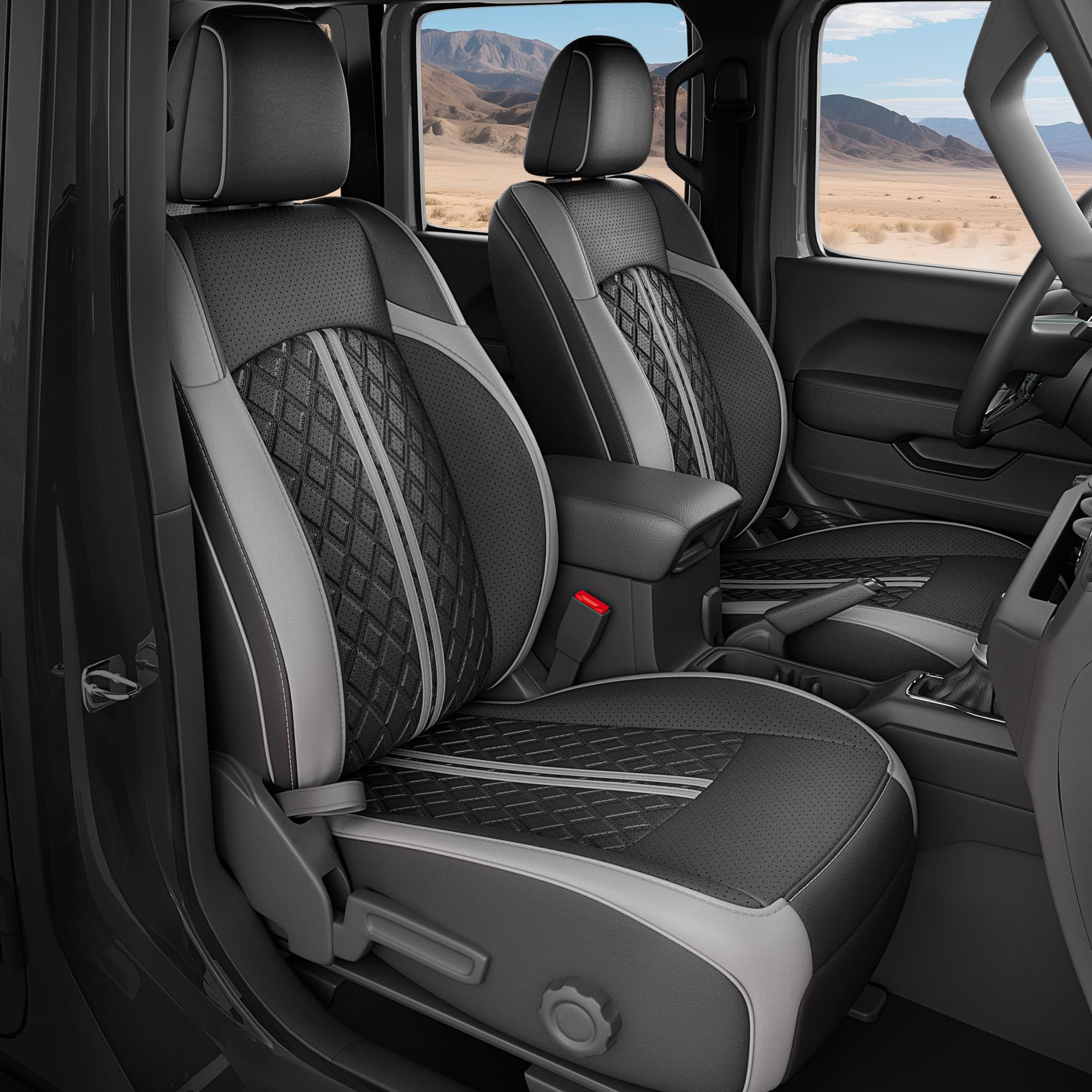 RIDEPOSH Jeep Wrangler full-set seat covers with a glove-like fit protect interiors.
