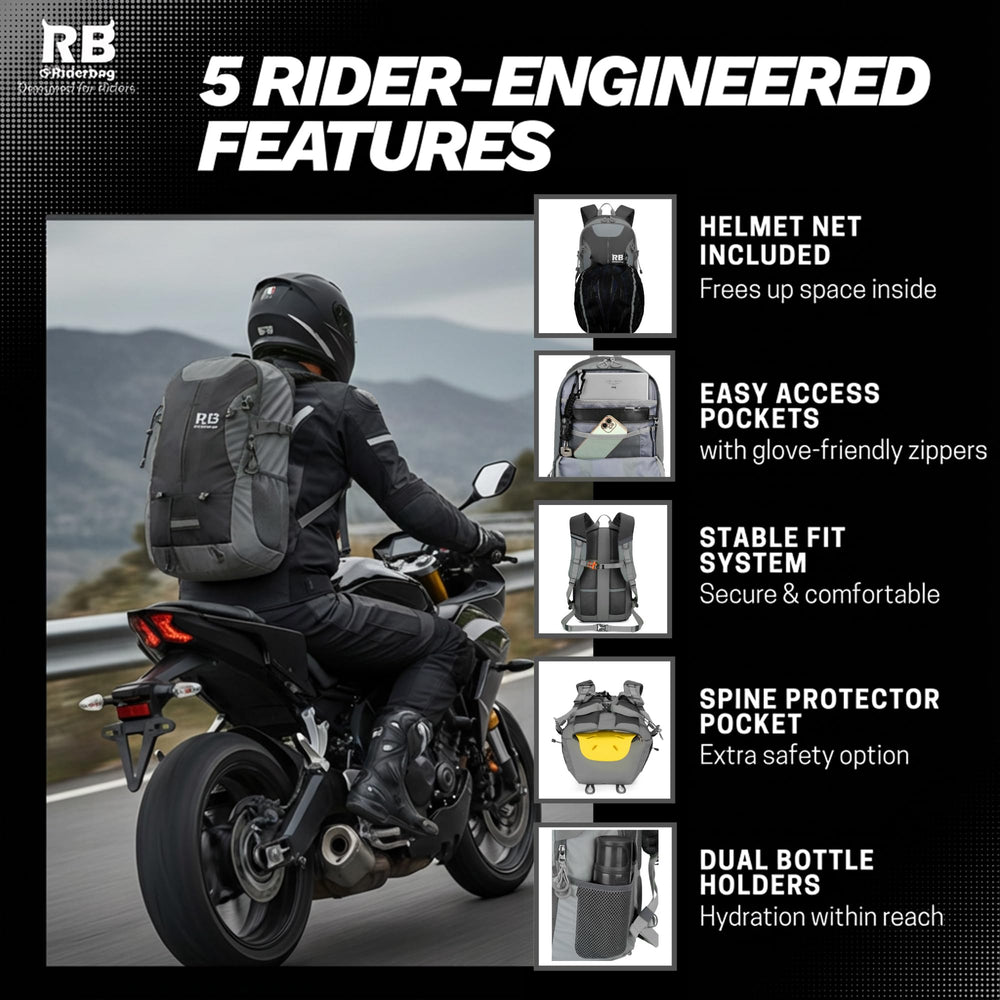 Riderbag helmet holder external net keeps helmet accessible on the go