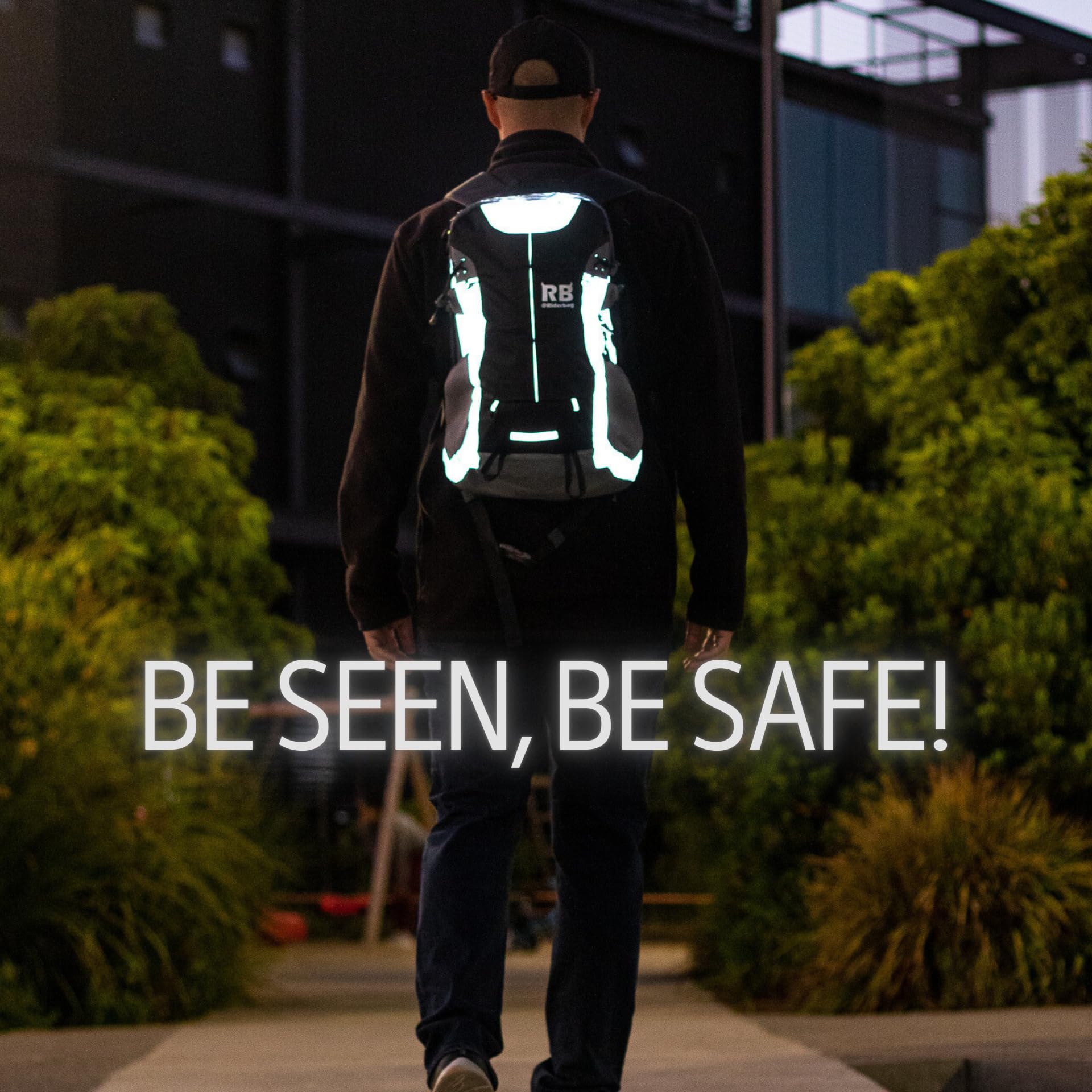 Riderbag hi-viz panels glow at night to increase rider visibility