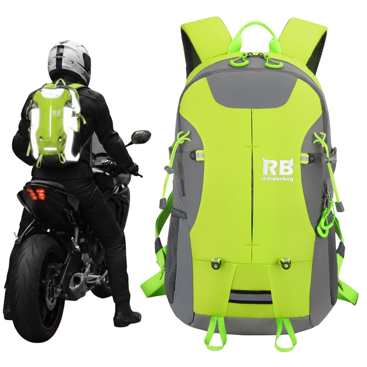 RiderBag reflective motorcycle backpack with hi-viz panels for safer night riding