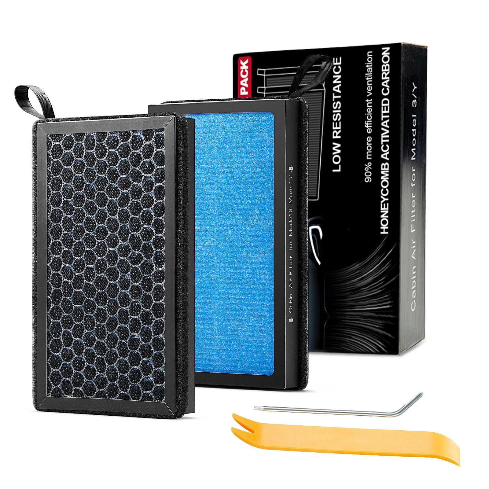 Ridering cabin air filter with 4-layer HEPA for precise Model 3/Y fit and clean interior air.