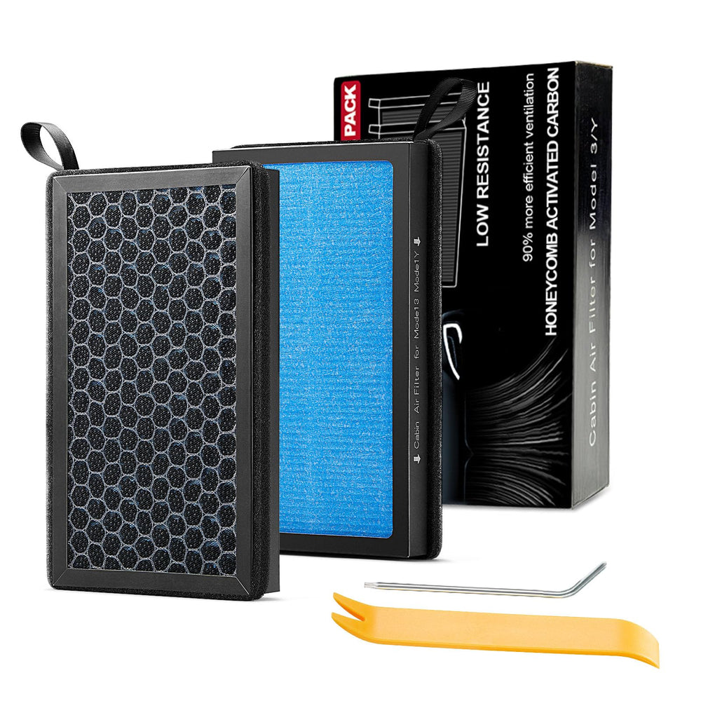 Ridering cabin air filter with 4-layer HEPA for precise Model 3/Y fit and clean interior air.