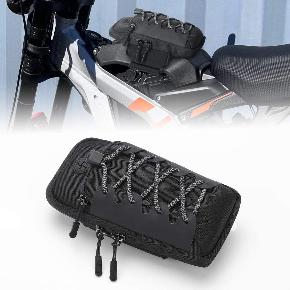 RIDLOG front frame bag on SurRon Light Bee X provides organized storage.