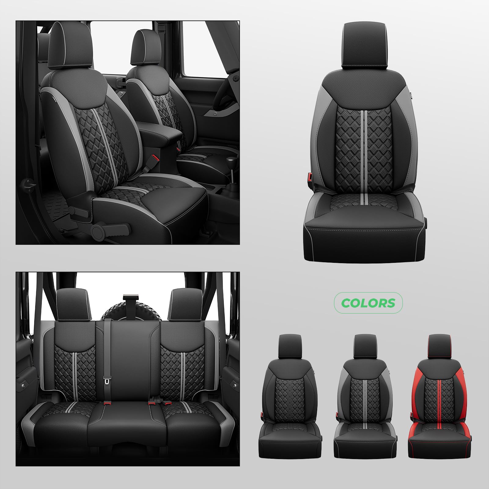 RIDEPOSH Wrangler seat cover design preserves airbag and seat control functionality.