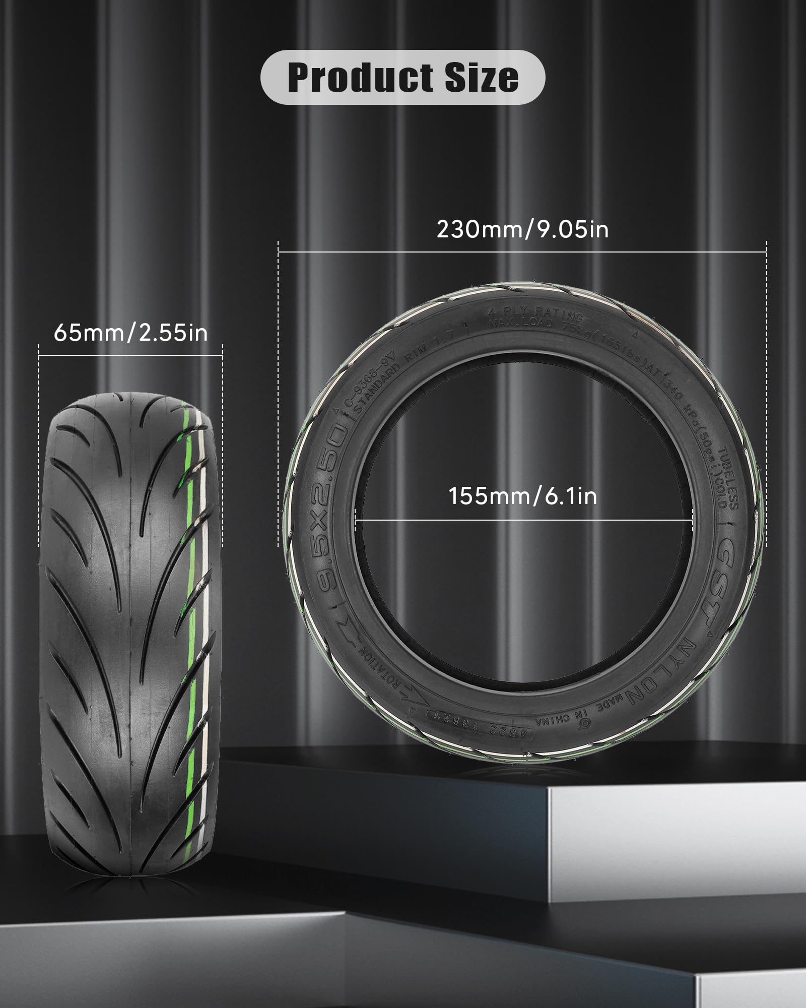 RidTianTek 9.5x2.50 tubeless tire for KQi3 rear wheel enhances stability on uneven surfaces
