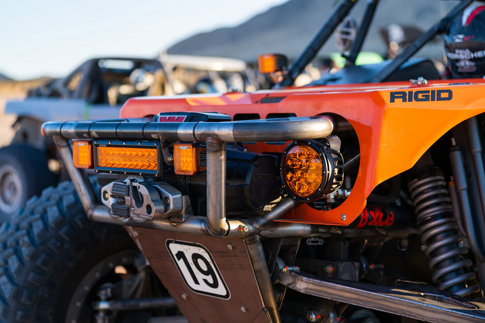 RIGID 20252-D dual spot lights mounted on a vehicle for off-road use.