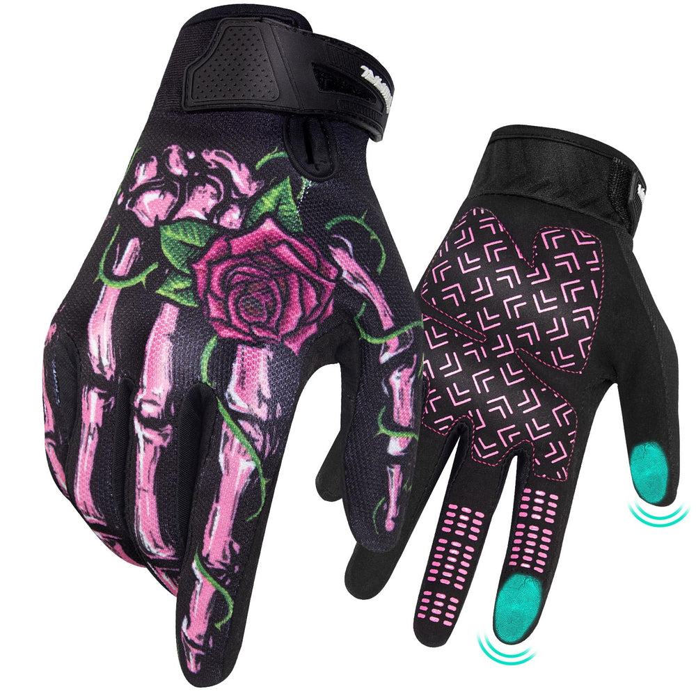 RIGWARL women's touchscreen gloves with pink skeleton design enabling quick device use.