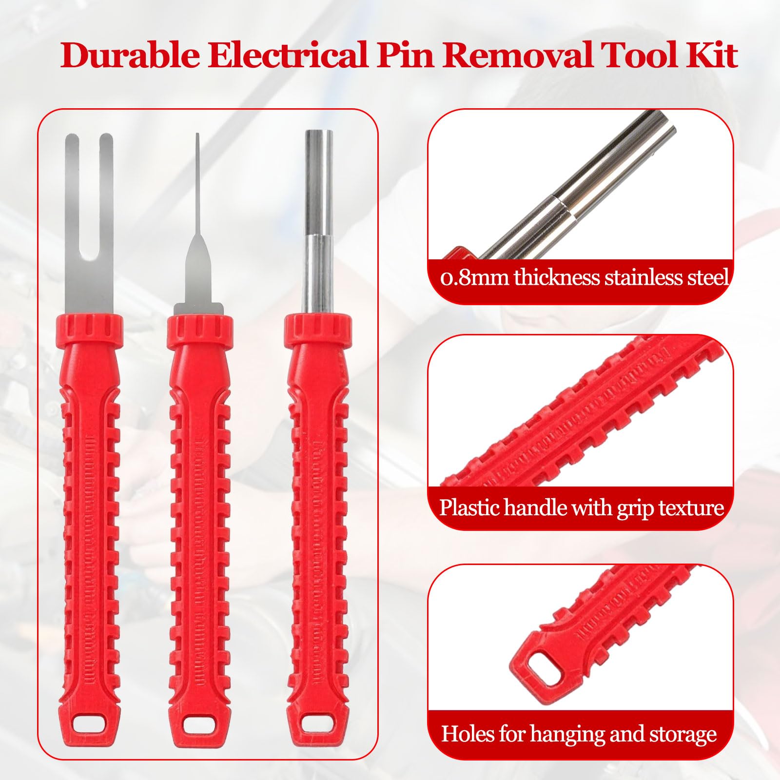Ergonomic grip and textured handle on a RILL pin extractor.