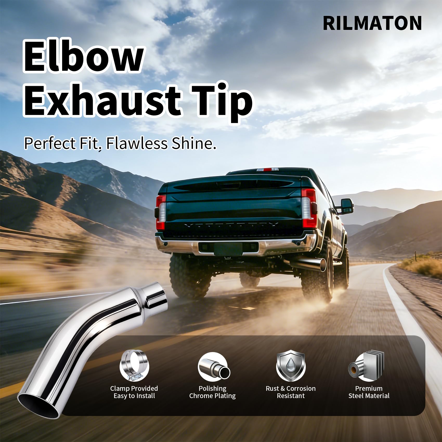RILMATON exhaust tip shown with included stainless steel clamp for quick bolt-on install.