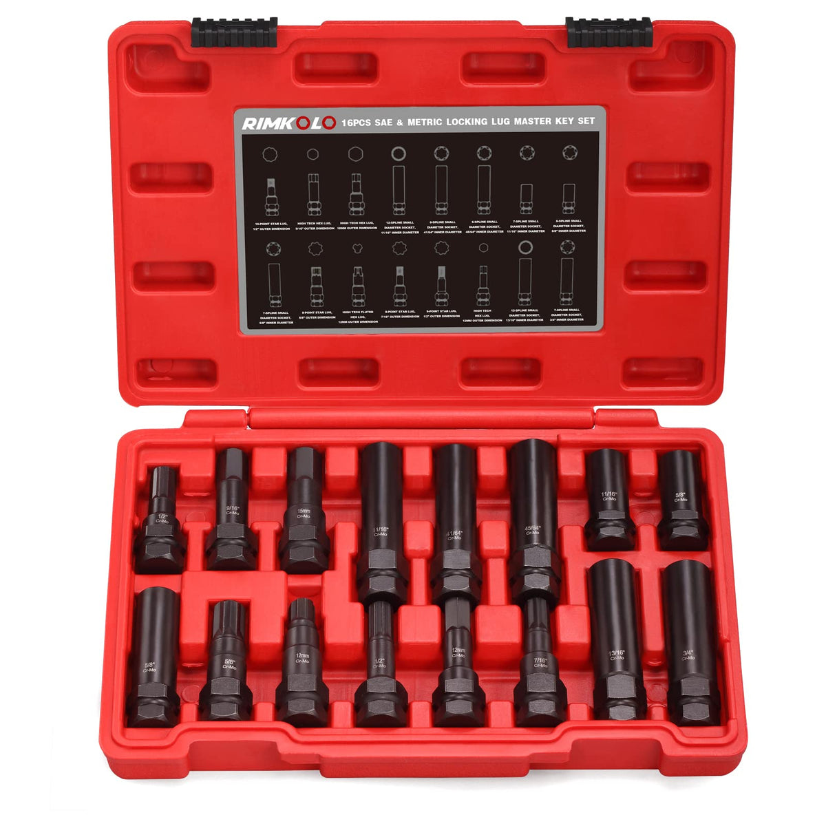 RIMKOLO 16-piece wheel lock key set displayed with organized case for fast wheel service