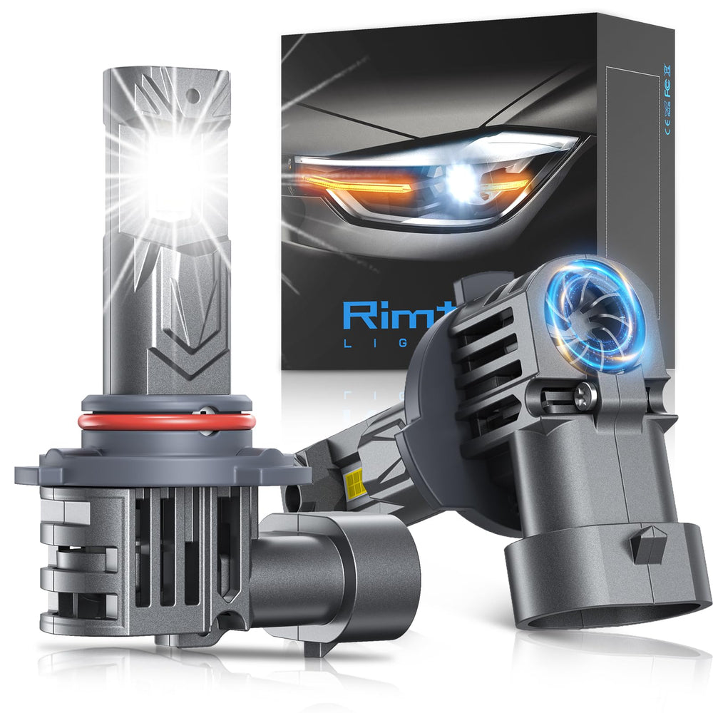 Rimthin 9005 HB3 fog bulbs front view; compact, wires-free design for quick installation.