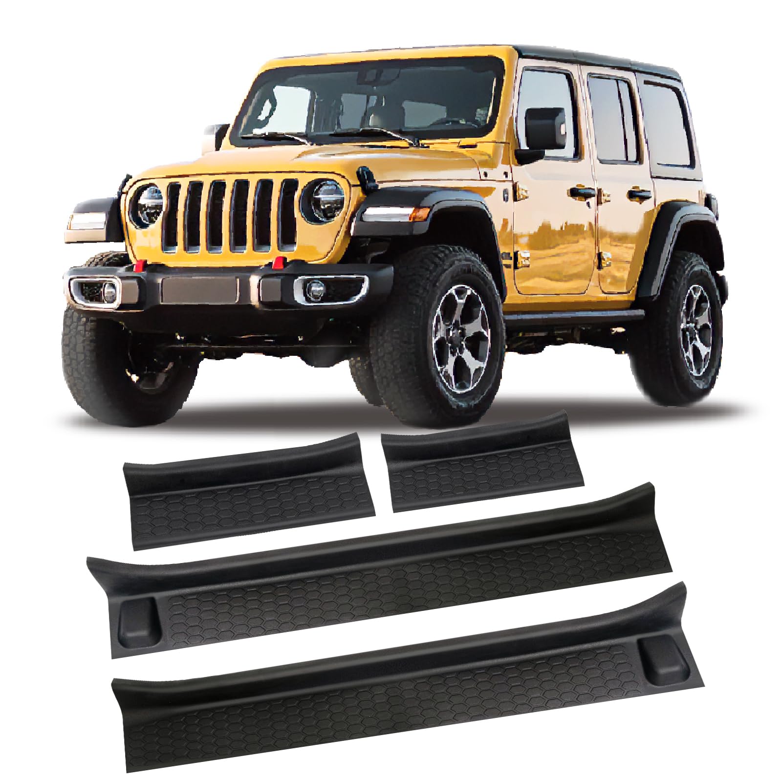 Rindoujin door sill guard front left protects Wrangler JL and Gladiator JT from scuffs after off-road use.
