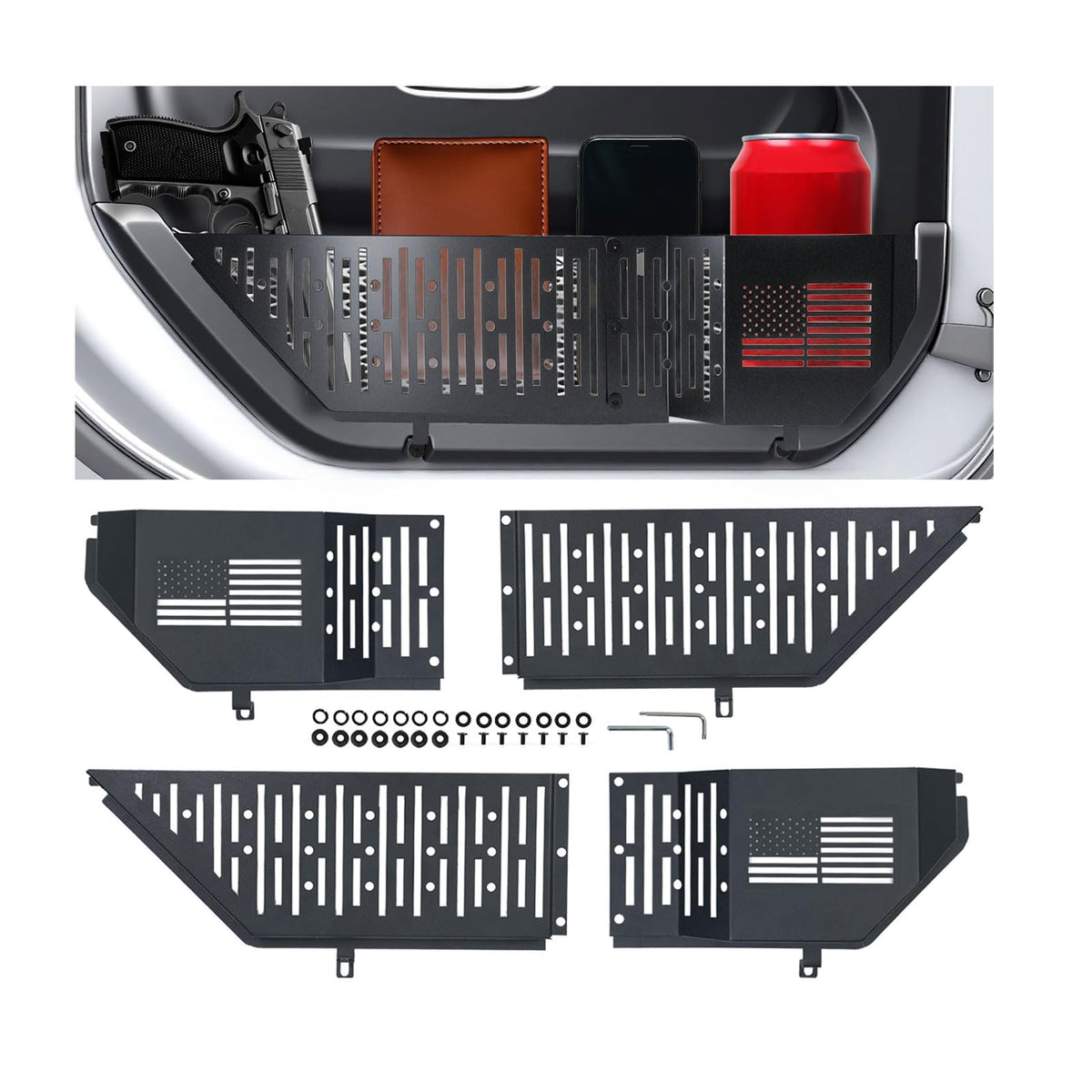 Rindoujin Jeep door storage pocket installation demonstrates secure mounting for rugged use.