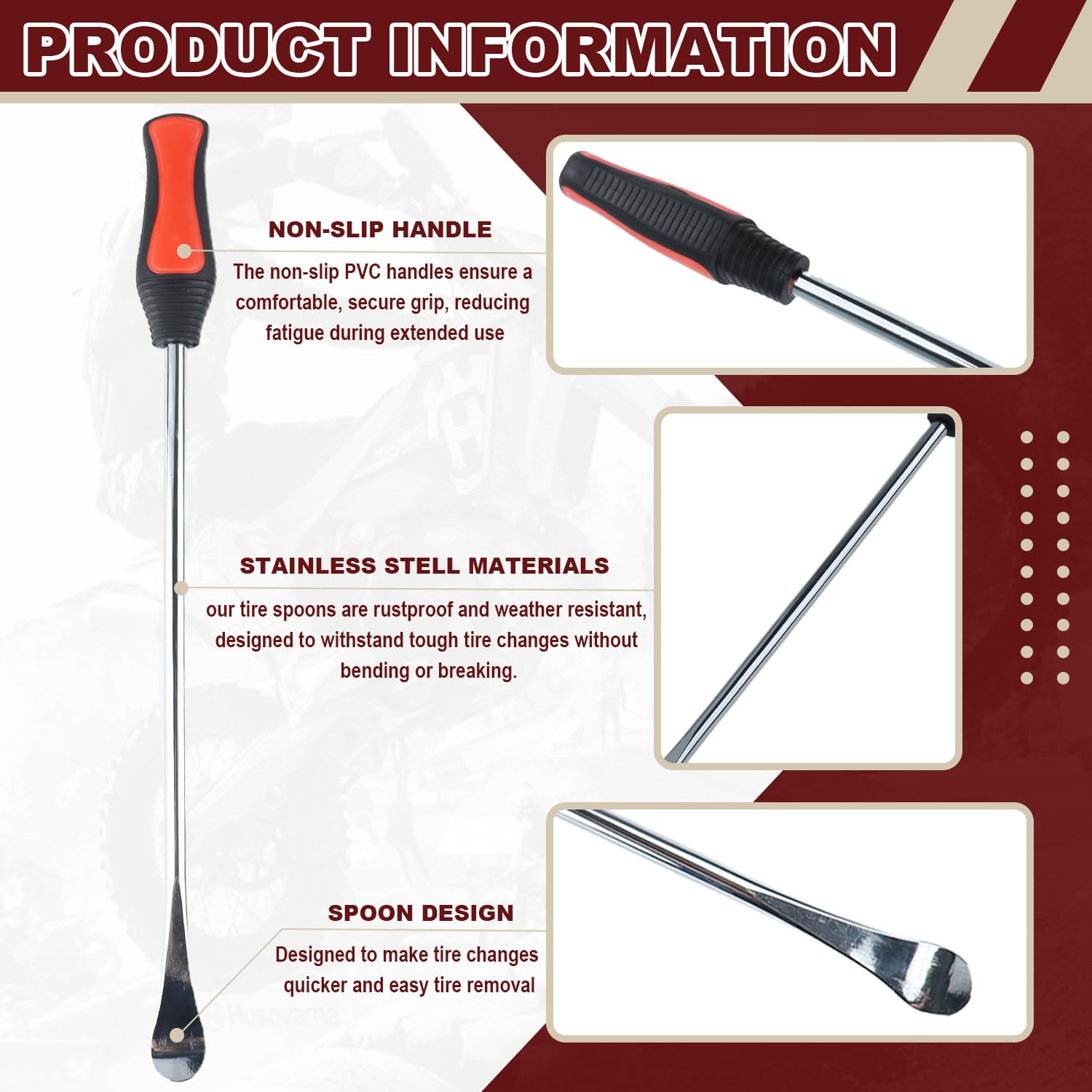 Riseuvo tire spoon action removing tires smoothly with extended reach and non-slip grip.