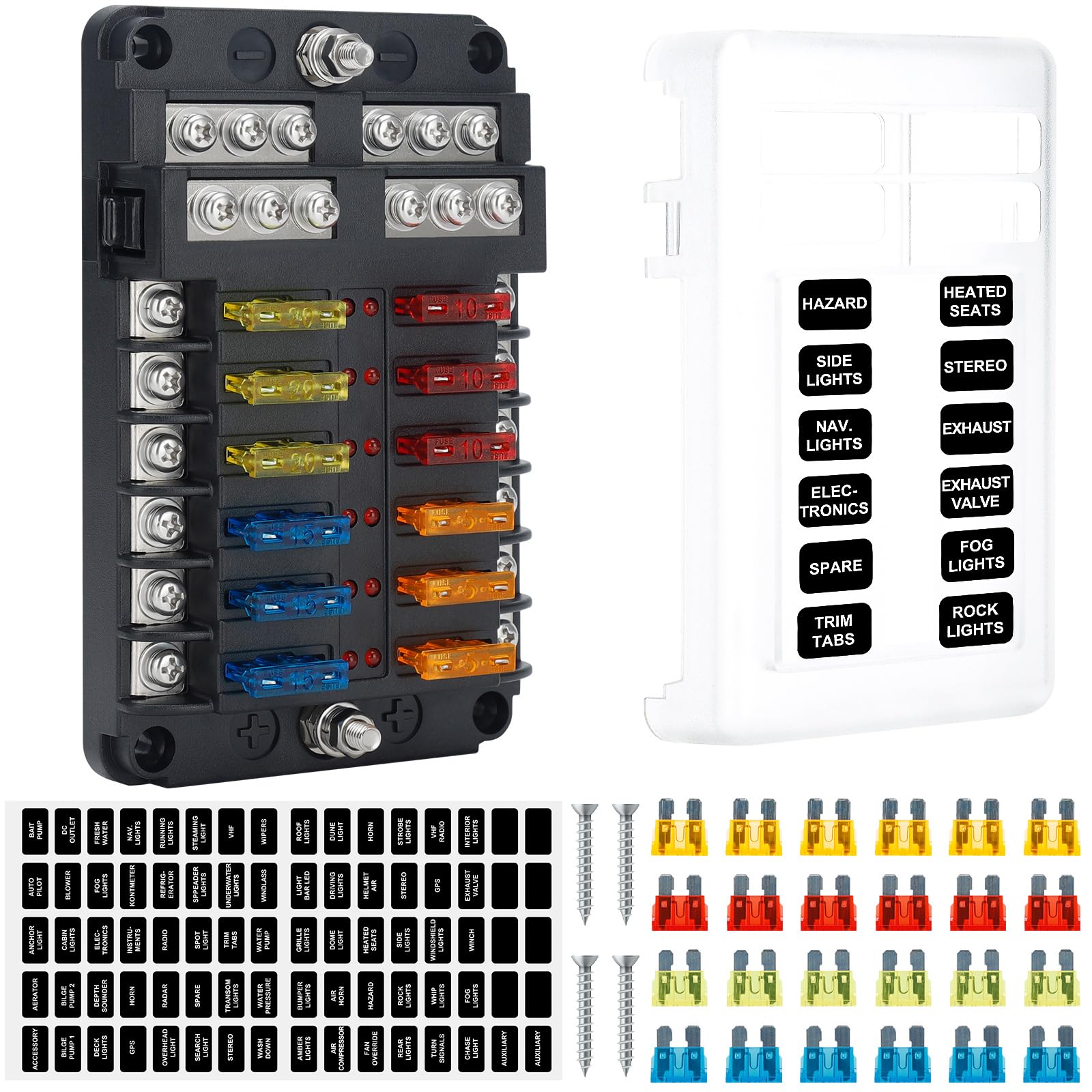 Risornda 12-way fuse block front view with LED indicators for quick fault detection