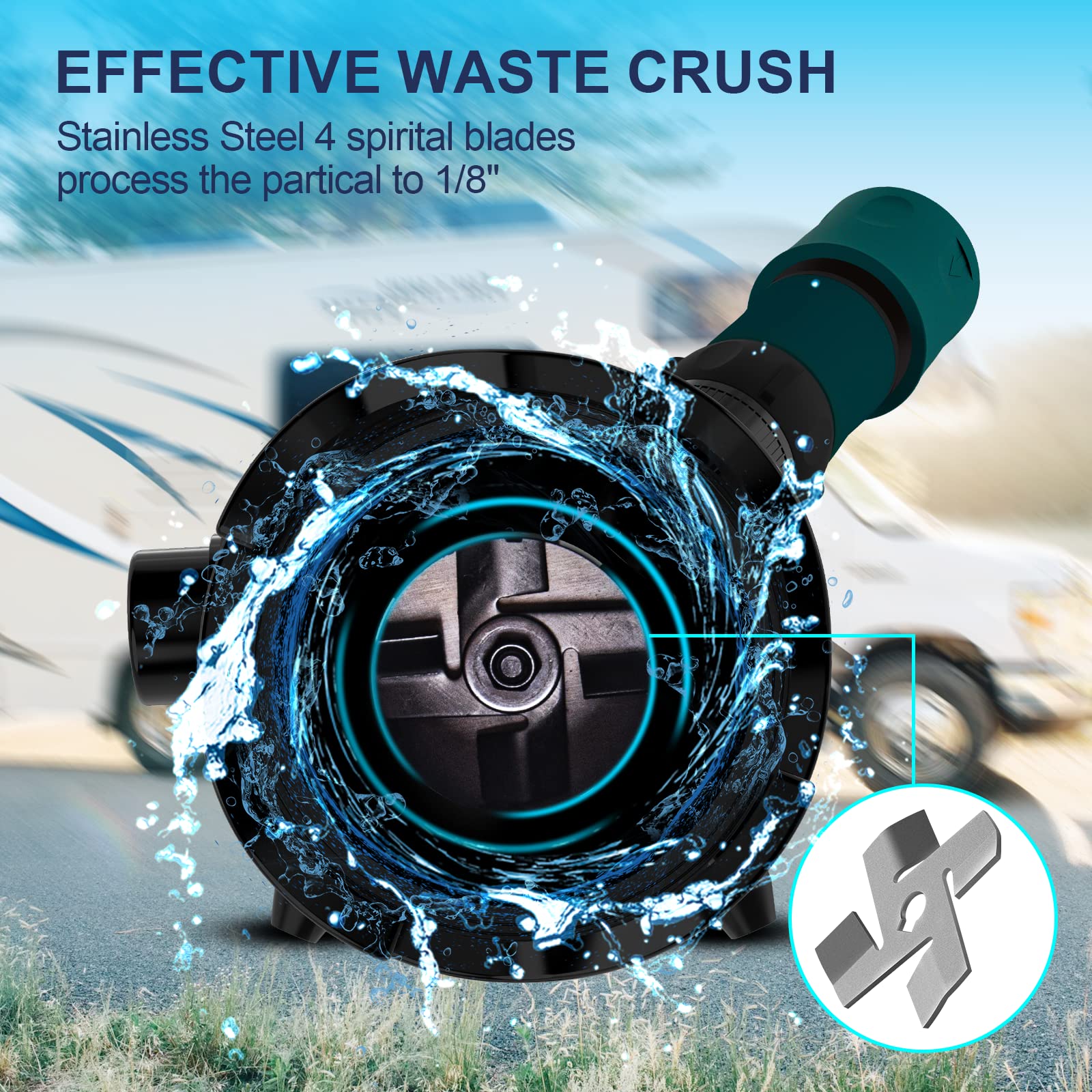 Ristow macerator pump with stainless steel blades shredding waste.