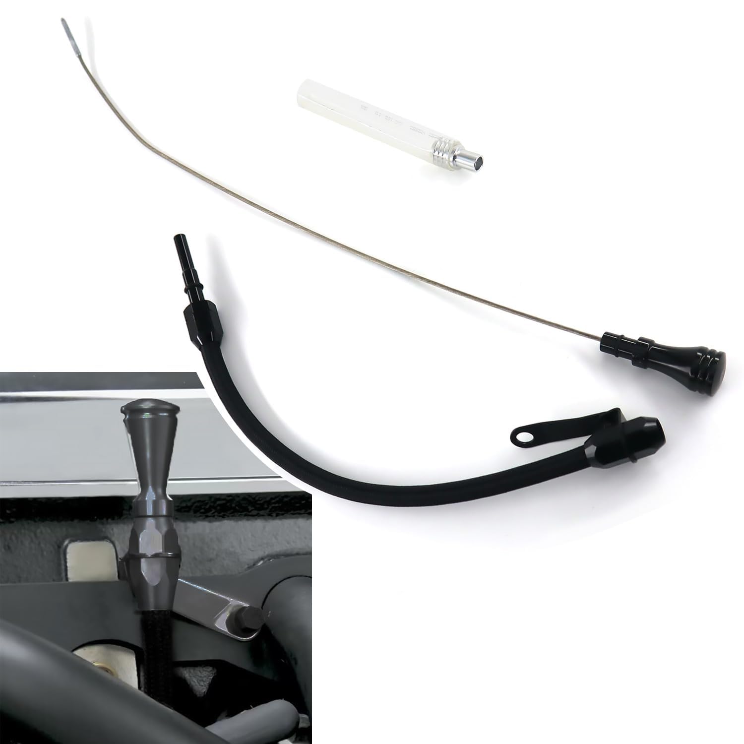 RJSPHH LS Truck flexible oil dipstick with black braided housing for quick reads