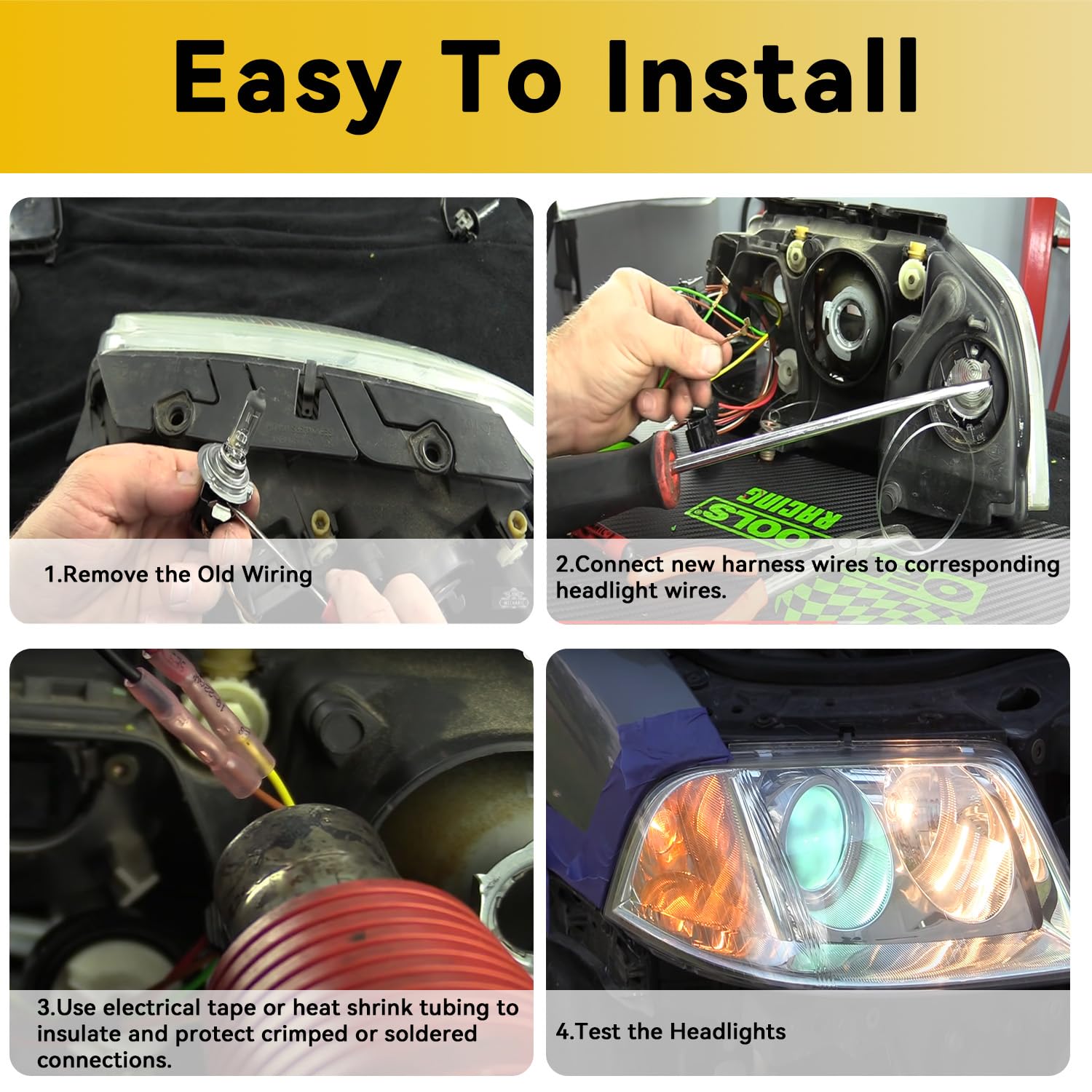 RLP headlight wiring harness packaging image, ready for installation