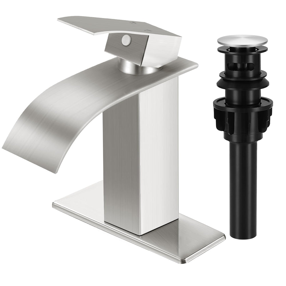 RNDIOZD waterfall faucet in brushed nickel for a sleek bathroom focal point