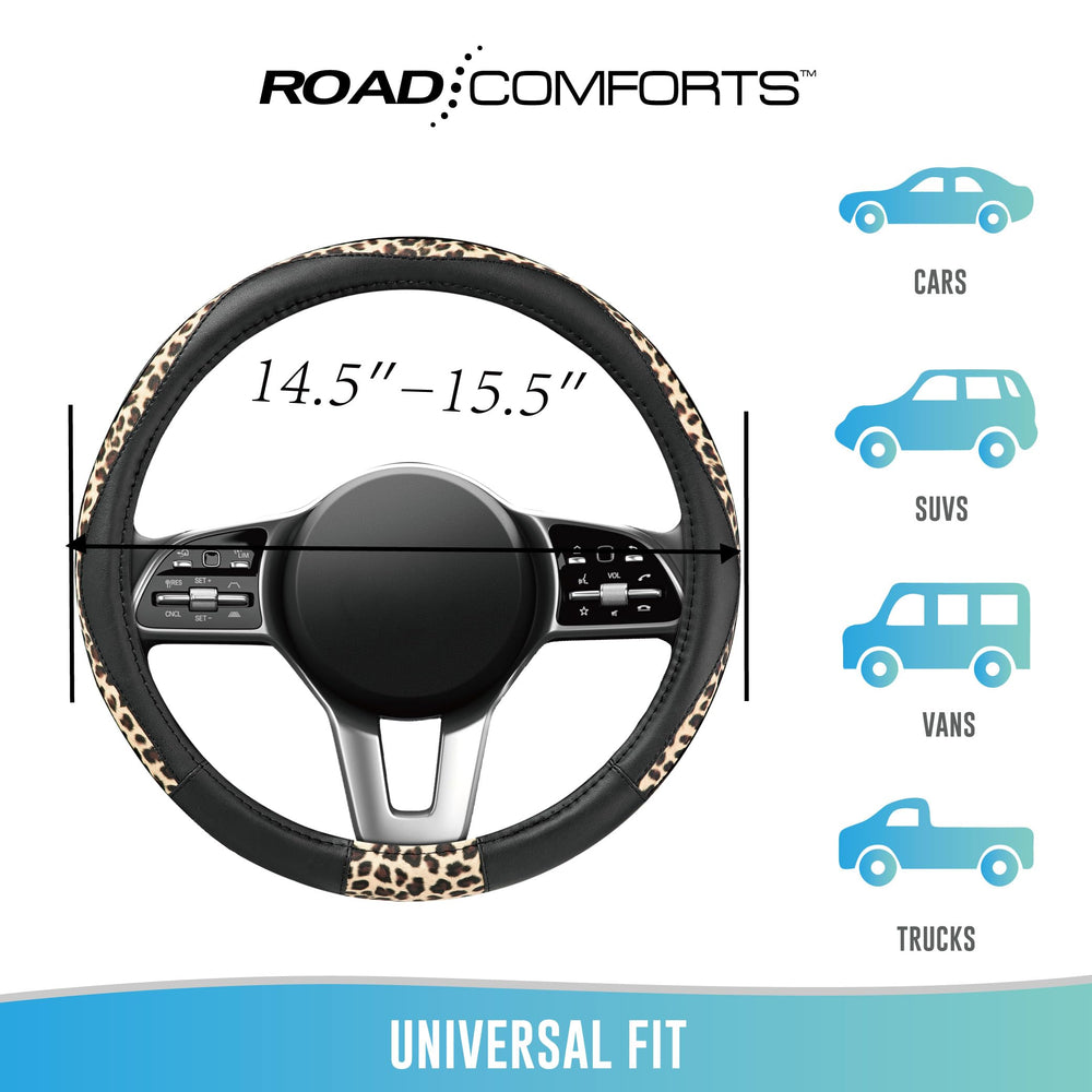 Road Comforts black leopard steering cover adds bold style to a vehicle interior.