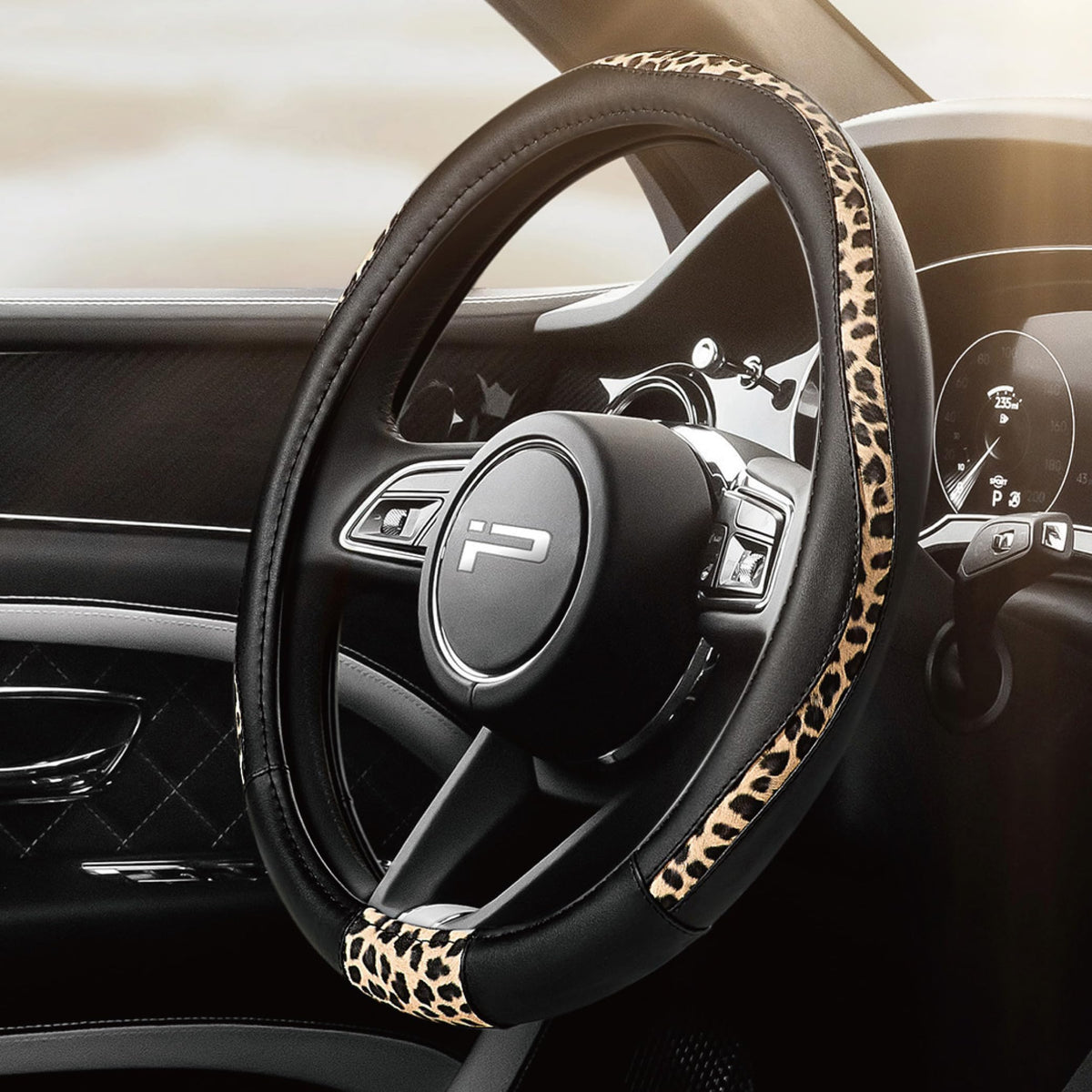 Road Comforts cheetah print steering cover adds bold style and anti-slip grip.