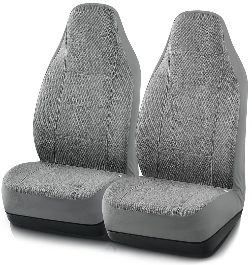 Road Comforts front seat cover demonstrates quick-fit installation with elastic bands.