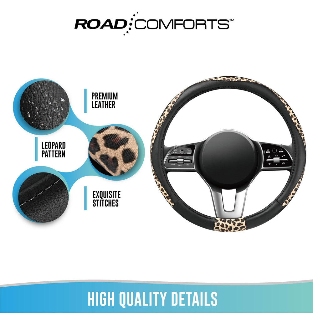 Road Comforts leopard fabric steering cover complements black interiors.