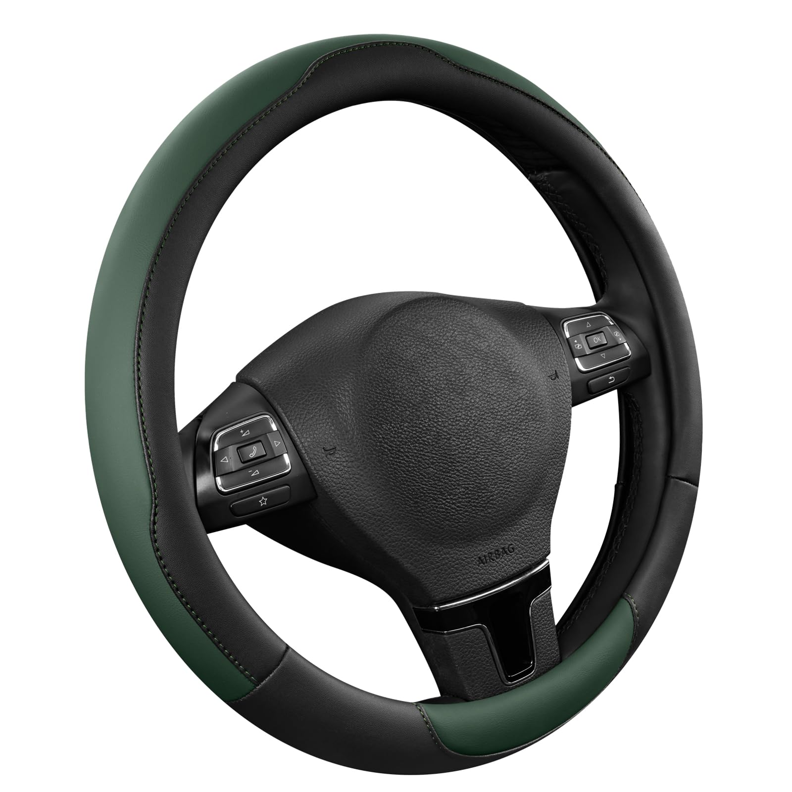 Road Comforts leather steering wheel cover in green with breathable design for cooler grip