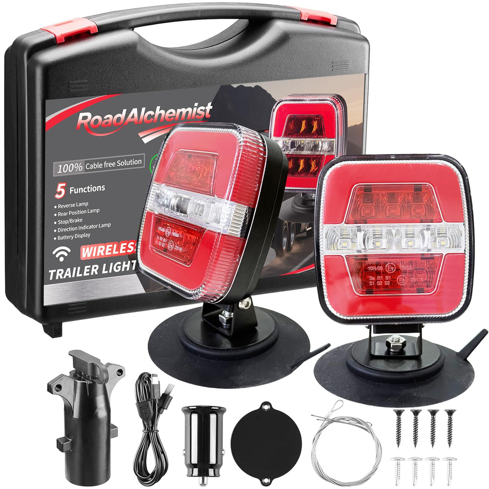 RoadAlchemist magnetic-base trailer lights securing quickly for safe towing.