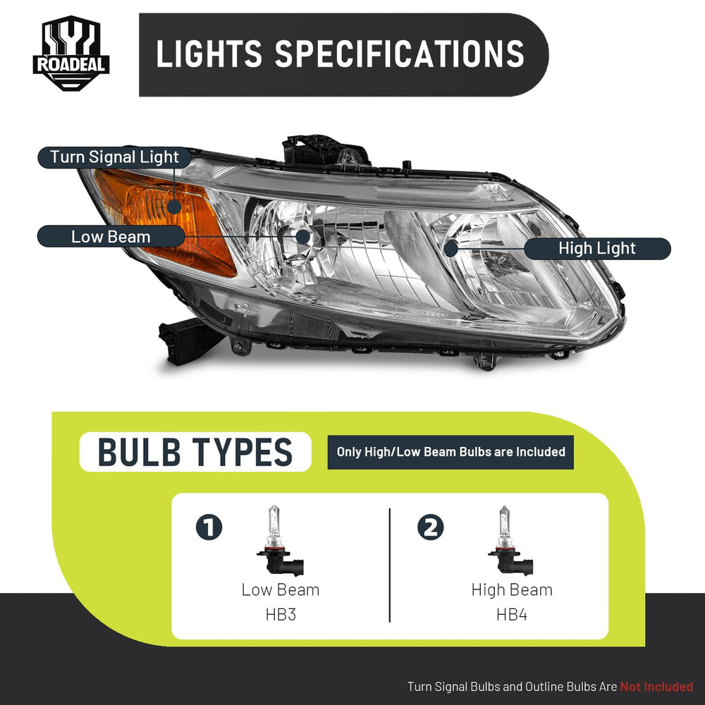 ROADEAL Honda Civic headlight for 2012-2015 sedan, driver side, reliable weather-ready lighting