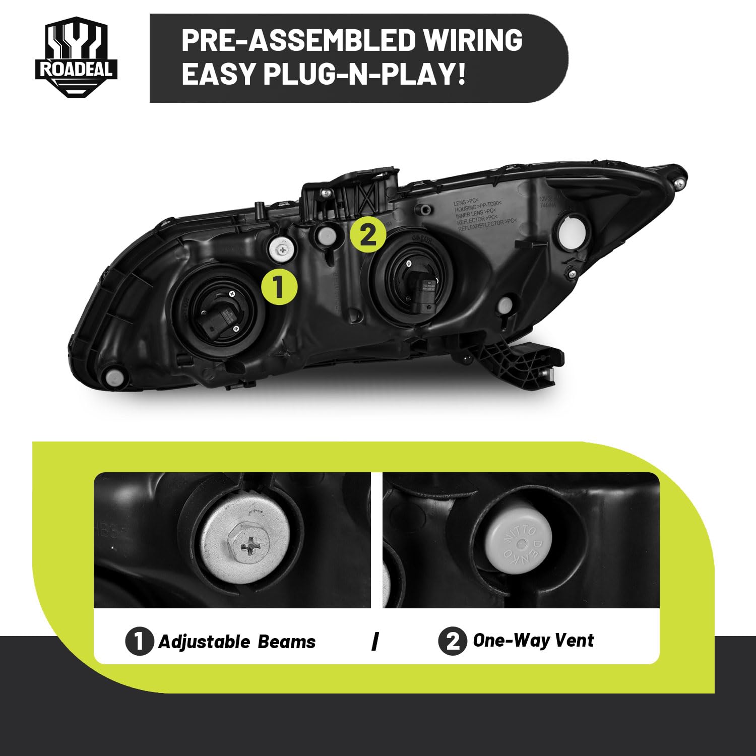 ROADEAL Honda Civic headlight for 2012-2015 sedan, passenger side, reliable weather-ready lighting