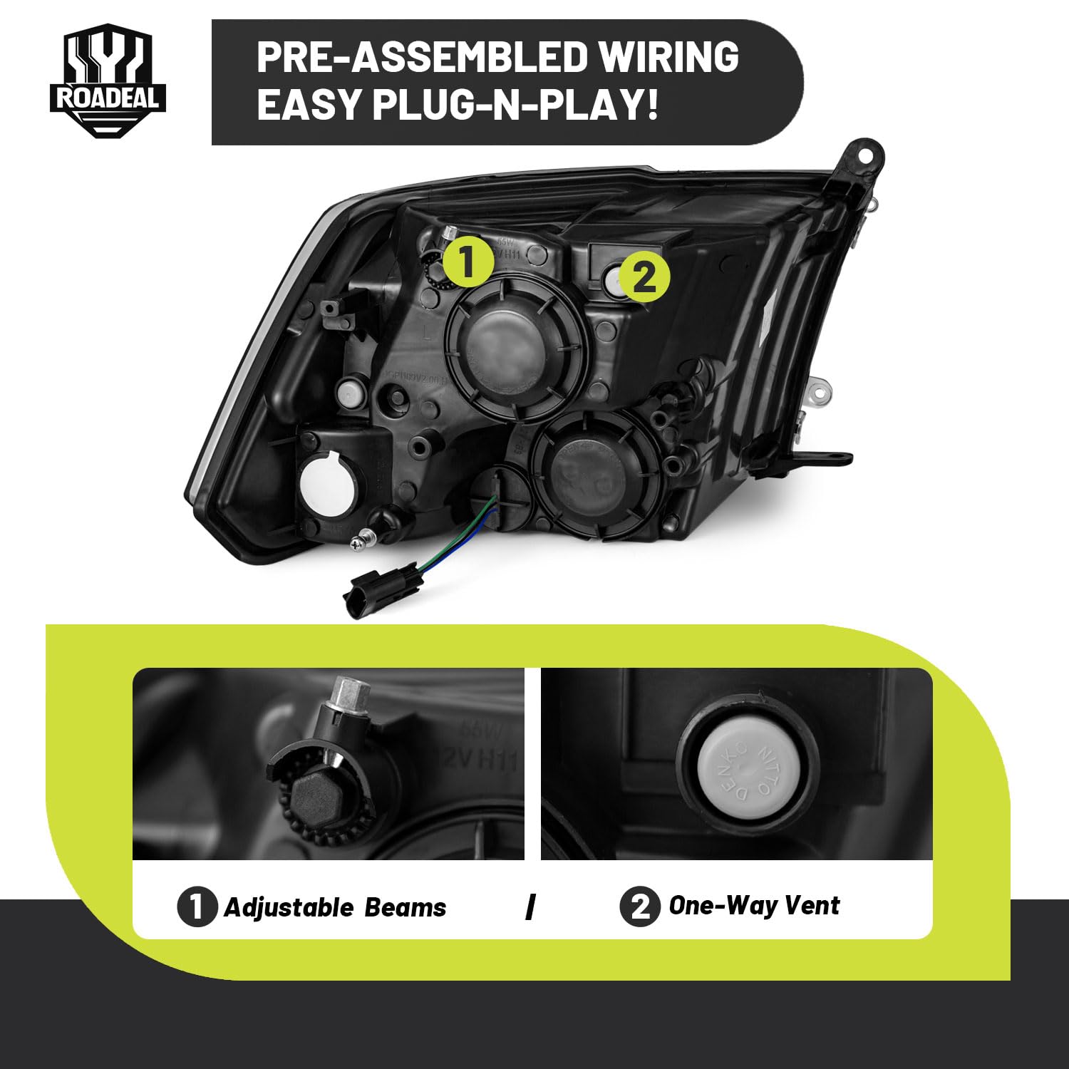ROADEAL Ram quad-headlight close-up with included H11/HB3 9005 bulbs.