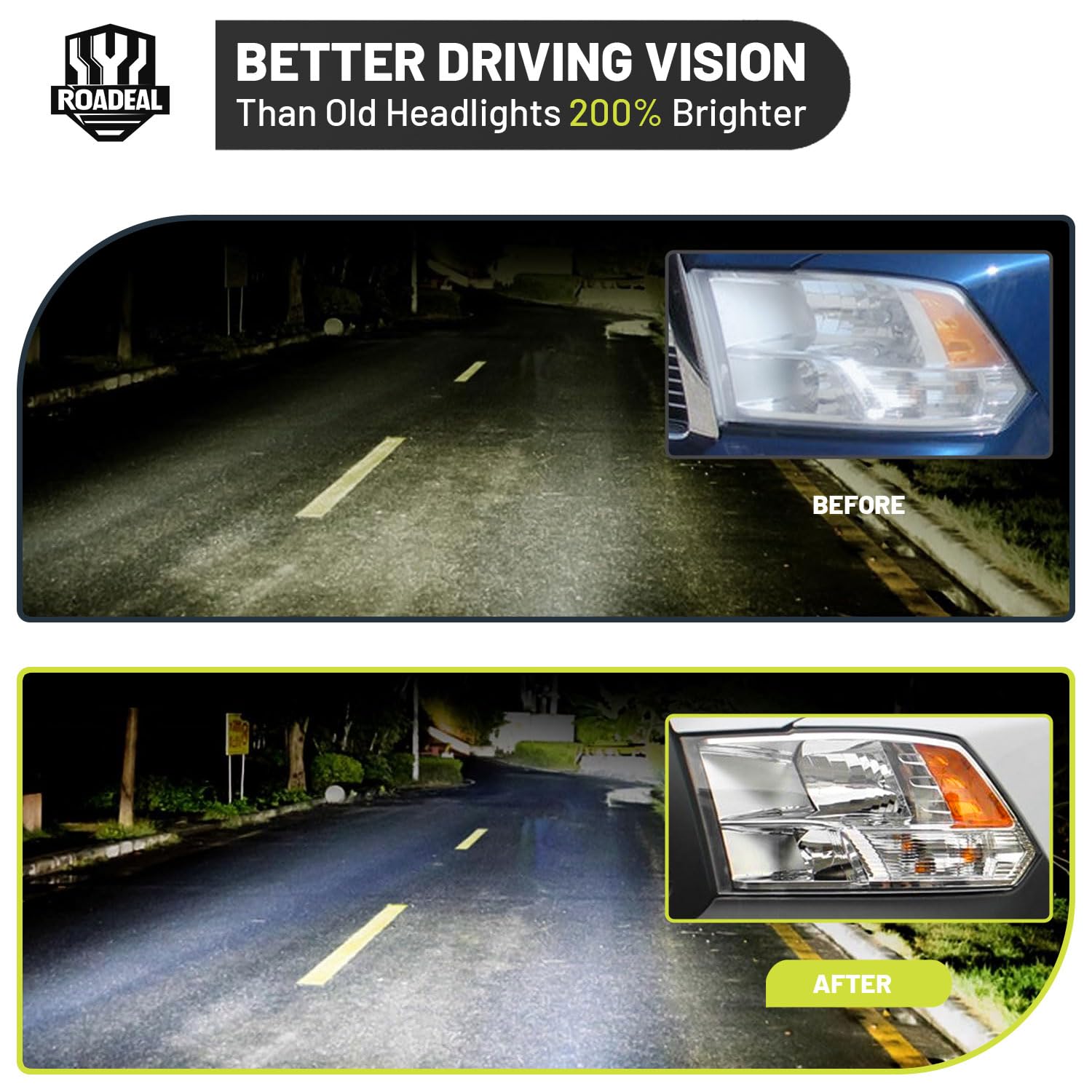 ROADEAL Ram quad-headlight lens close-up with UV coating for clarity.