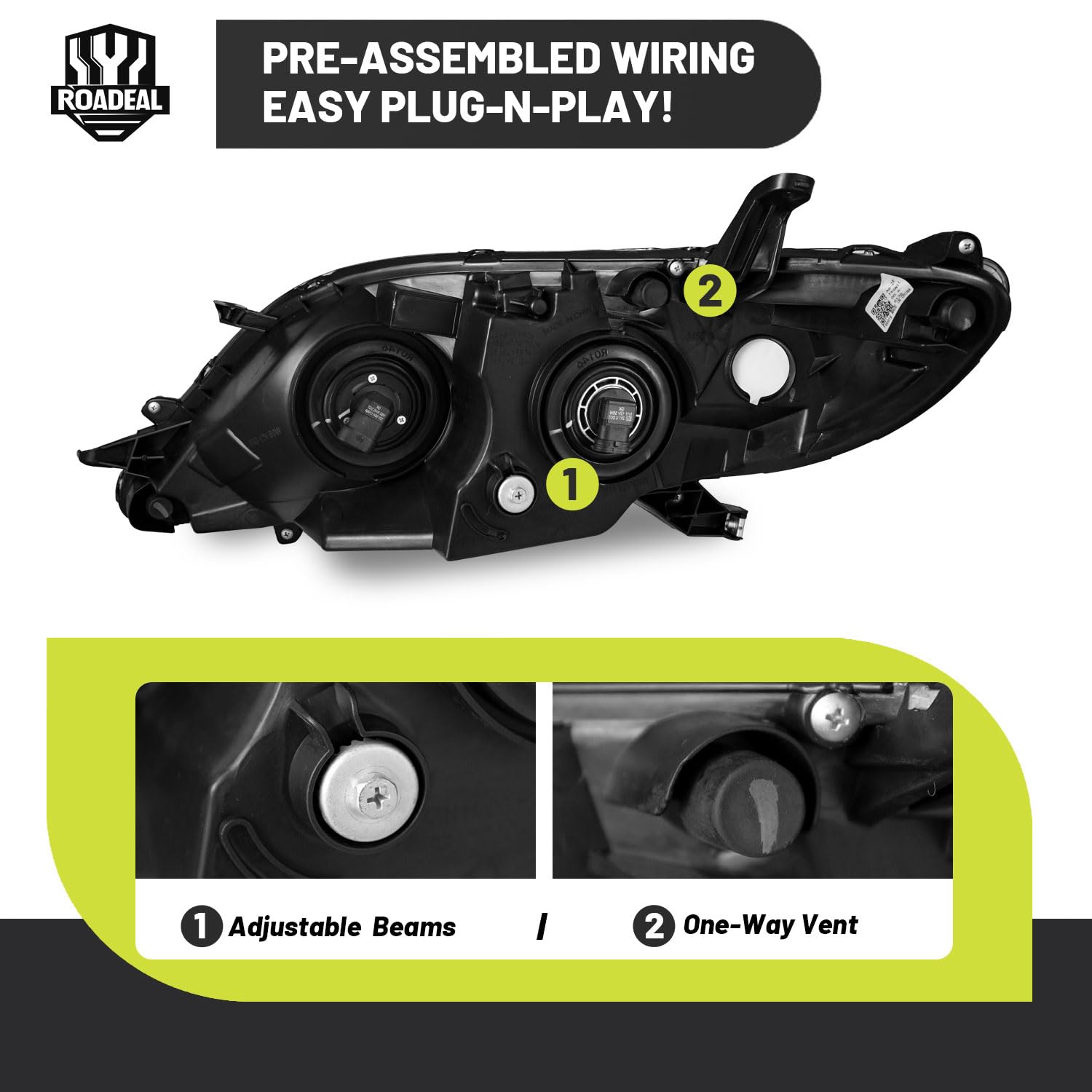 ROADEAL Sienna headlights with H11/HB3 bulbs included for quick setup
