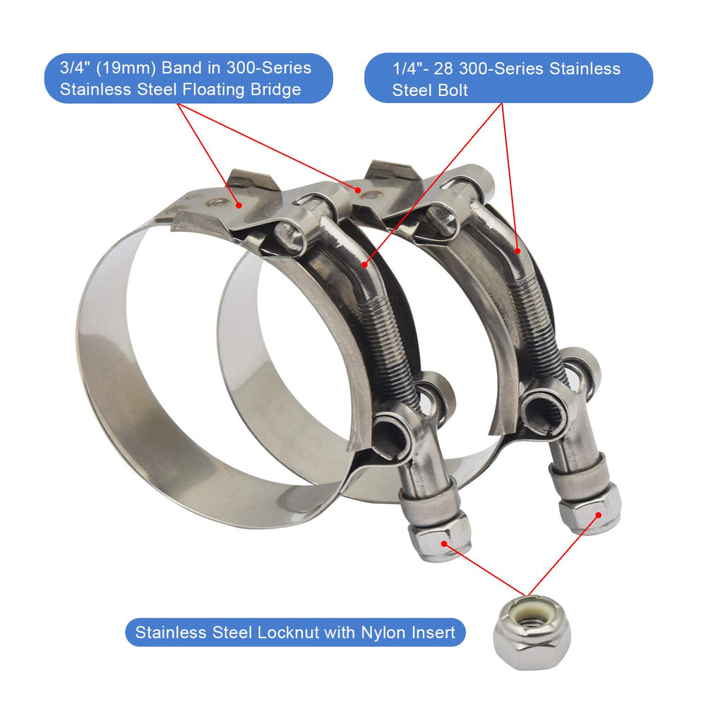Roadformer T-Bolt clamp 71-79mm bolt and band detail emphasizes secure, corrosion resistant fastening.