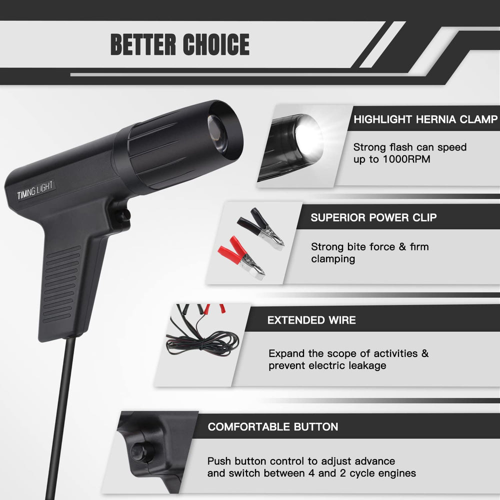 ROADGIVE ignition timing light features ergonomic pistol-handle for comfortable operation.