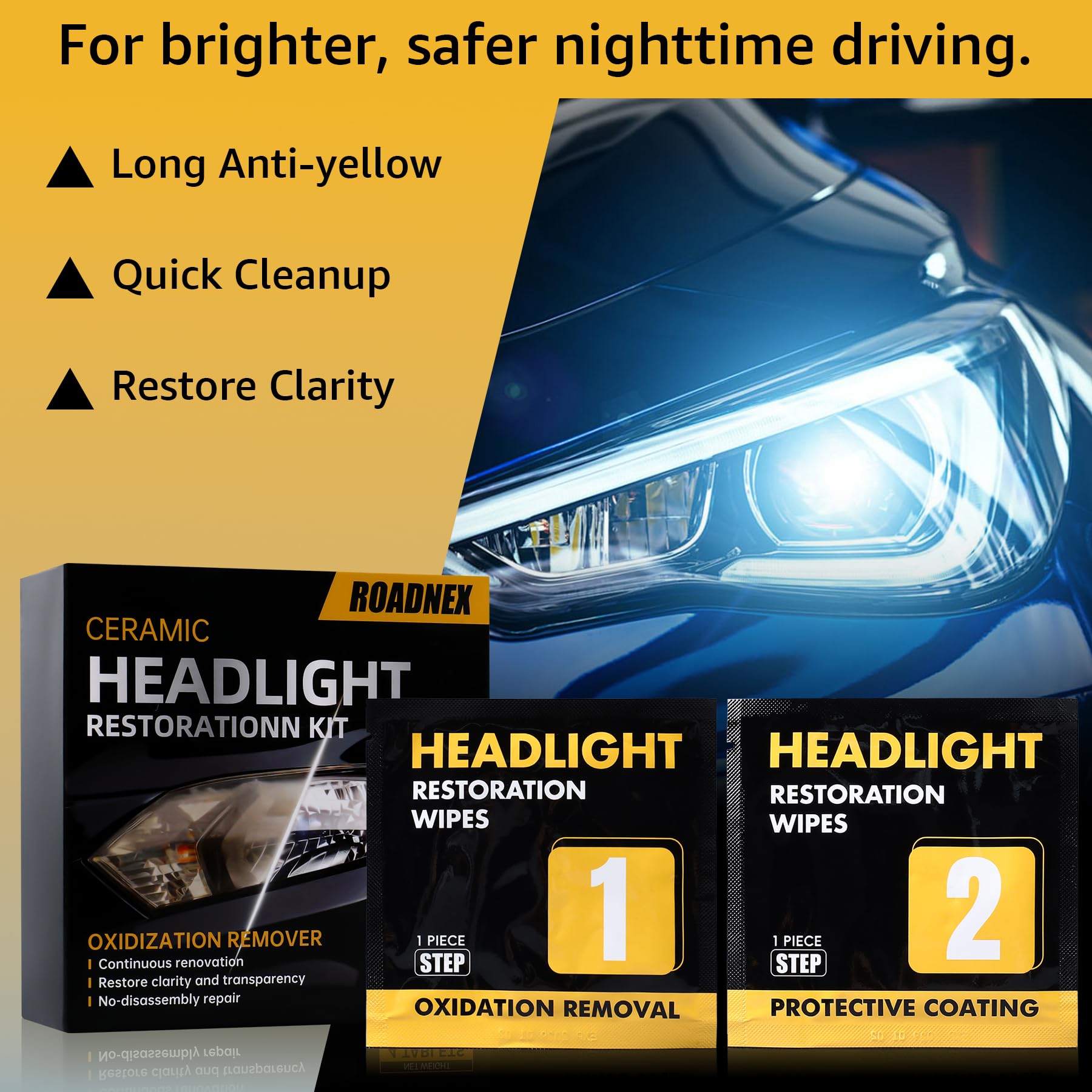 ROADNEX headlight oxidation remover wipes tackle oxidation and haze on plastic lenses.