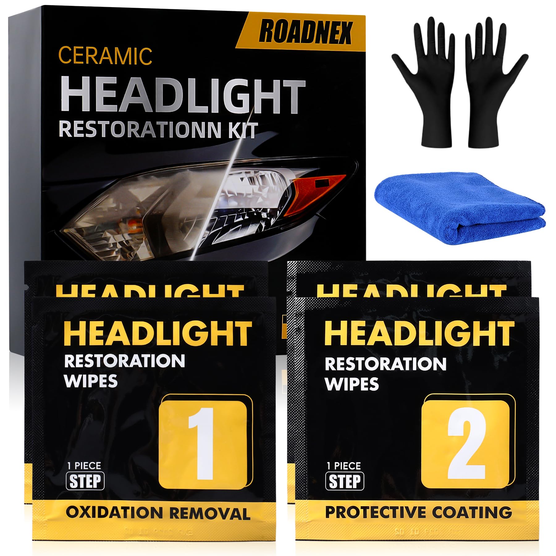 ROADNEX headlight restoration kit steps show a simple two-step process for clearer headlights.